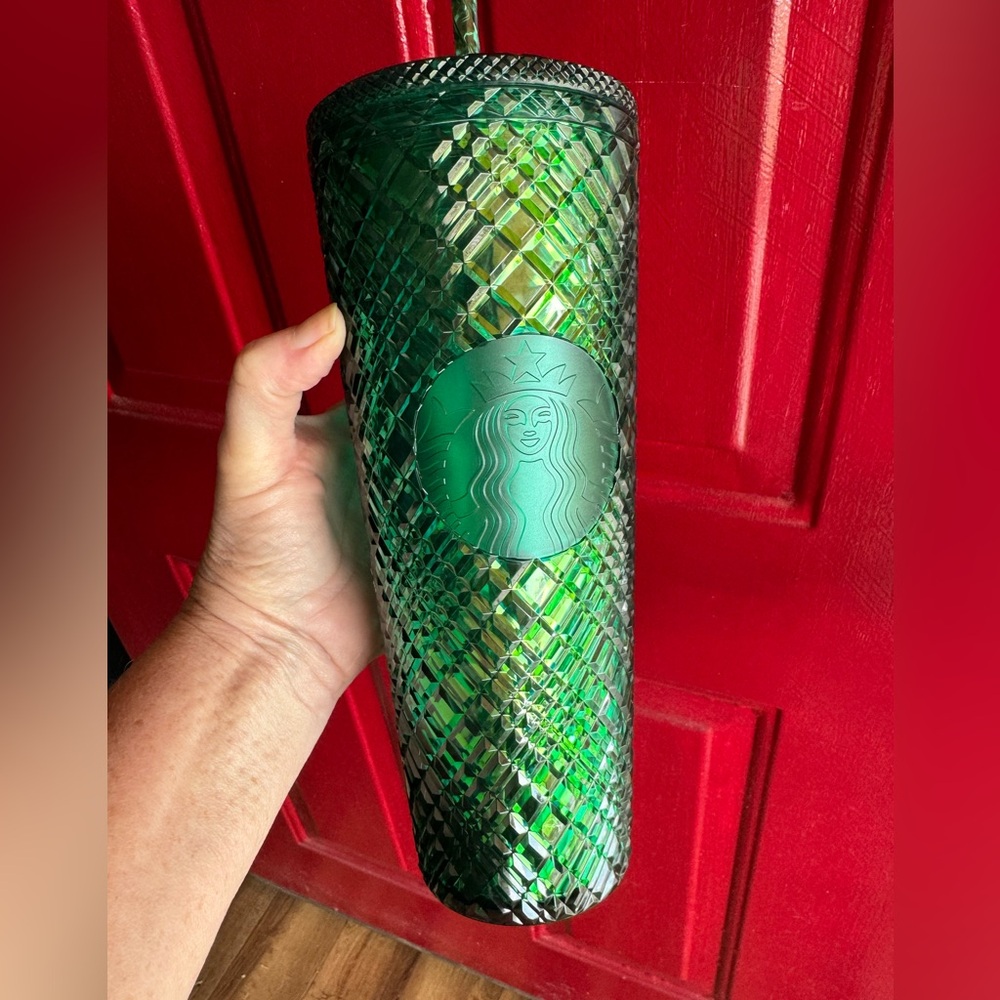 NWOT Starbucks Holiday Green Diamond Jeweled Studded Grid Tumbler Venti Cup